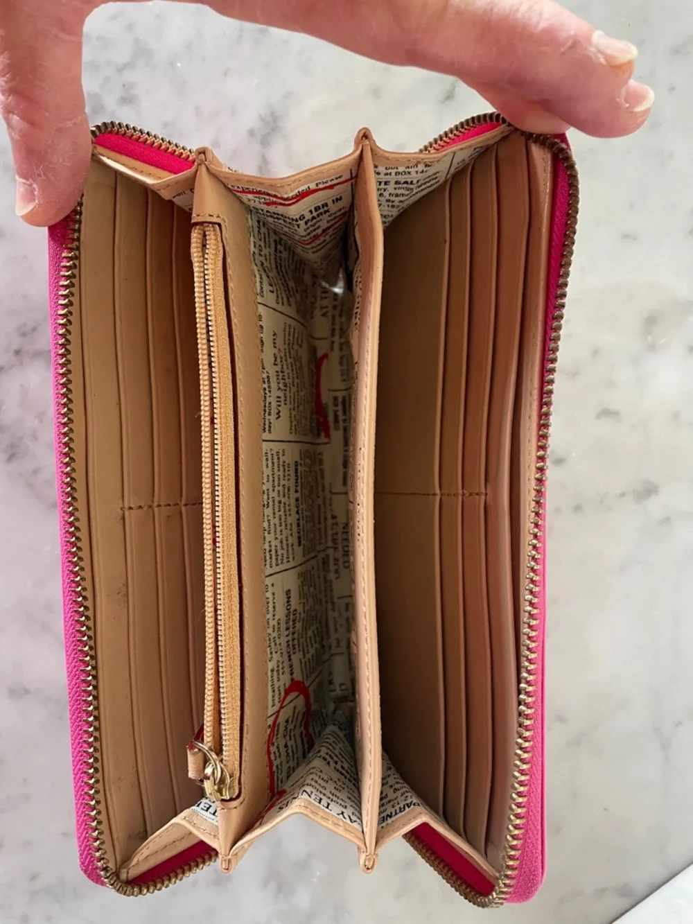 KATE SPADE Spencer Hot Pink Patent Zip-Around Wallet Newspaper Print Lining